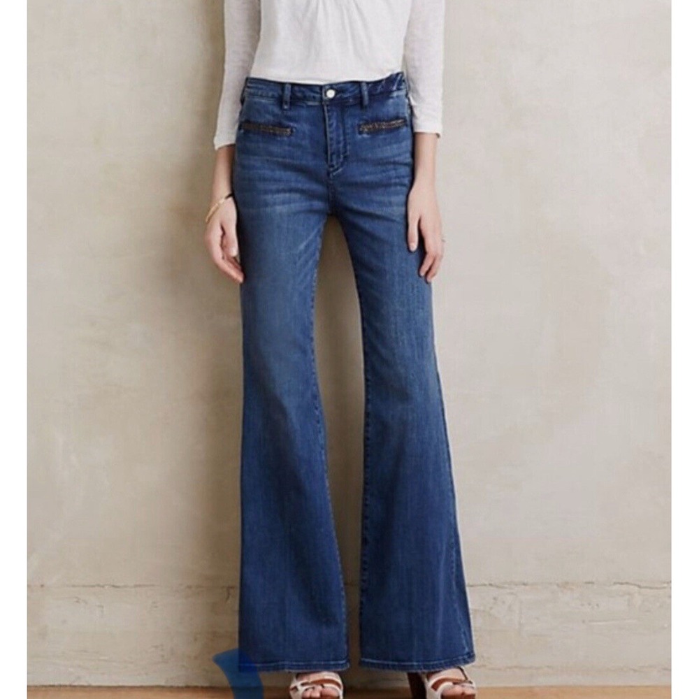 Pilcro Flare Jeans Womens 28 Blue High Rise Braided Trim Anthropologie Hippie